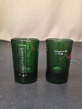 Set of 2 Jagermeister Emerald Green Glass Shot Glasses with Embossed Logo 2.75"